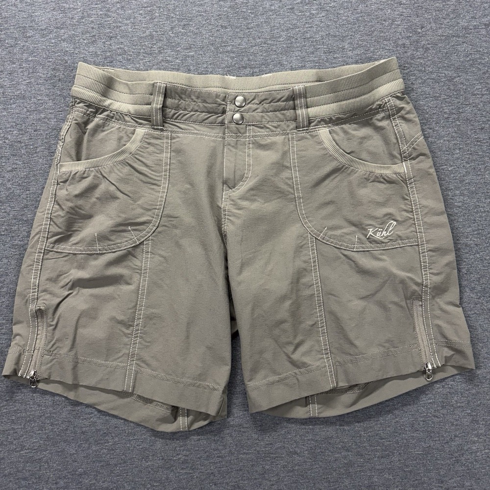 Kuhl Shorts Women's 12 Green Gray 7" Inseam Pockets Hiking Outdoor Trail Camping